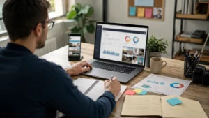 Digital marketer managing social media campaigns from home