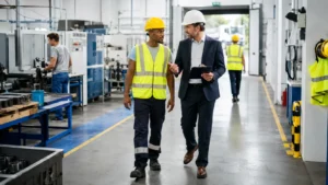 Employer inspecting workplace safety conditions with employees and protective equipment.