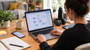Entrepreneur setting up AI automation and no-code services from home