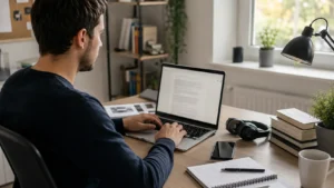Freelancer working from home on writing and content services