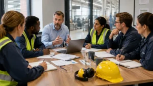 Manager consulting employees during a workplace health and safety meeting