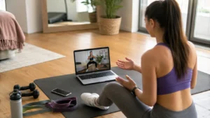 Online fitness coach providing virtual wellness training