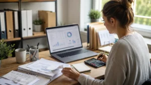 Remote bookkeeper managing financial records from home