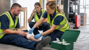 Trained workplace first aider helping an injured employee beside a first-aid kit