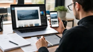 Website designer developing a business website from home