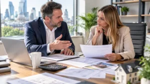 Business owner discussing bridging finance with a financial adviser.