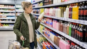 Milkshakes and sugary drinks displayed in a UK supermarket aisle