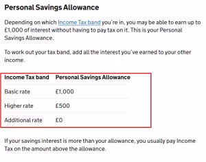 HMRC's Personal Savings Allowance table