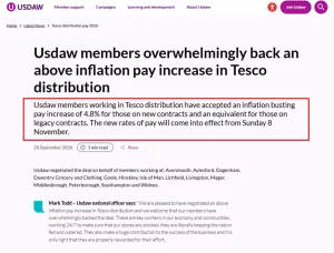 Usdaw confirms the separate 4.8% Tesco distribution pay agreement