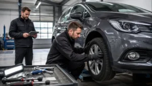 UK mechanic inspecting a car’s tyres, brakes, lights and safety components for roadworthiness in 2026.