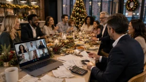 Employees, guests and directors joining an in-person and virtual company Christmas party.