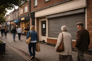 A closed bakery in bustling UK high street