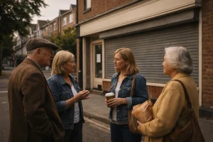 Quiet conversation on a Dorset street about Bennets Bakery