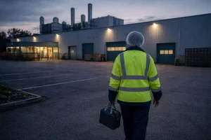 Bakery worker walking away from factory at dusk.