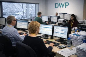 DWP office workers processing benefits during winter