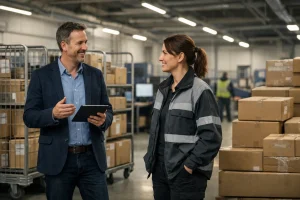 I&rsquo;m discussing UPS Saturday deliveries with a colleague in a UK logistics workspace