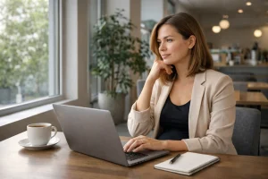 Journalist reflecting while writing a maternity rights article in a modern workspace