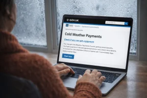 Person checking Cold Weather Payment eligibility on GOV.UK site during winter