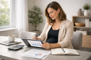 Pregnant employee reviewing maternity pay calculations on a tablet