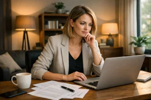 Professional journalist reviewing maternity pay changes on her laptop at home