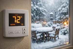 Thermostat inside a home showing warm setting with snow outside