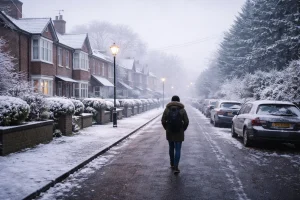 UK street covered in snow on a cold winter morning