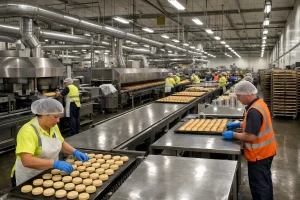Workers inside the Rathbones Bakery preparing baked goods before closure.