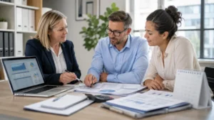 HR manager, payroll specialist and employee reviewing pension arrangements and preparing for the April 2029 salary sacrifice changes