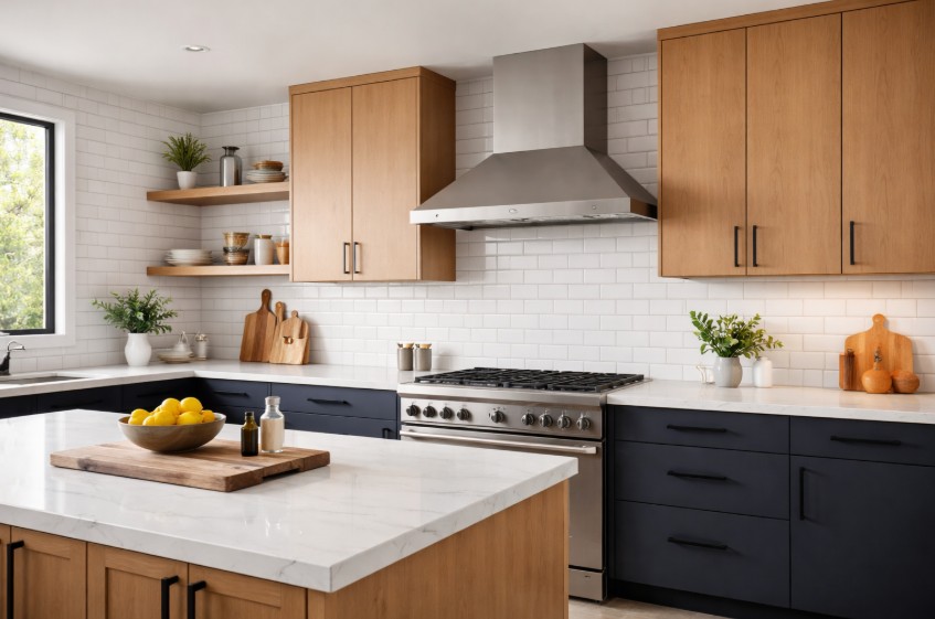 subway tile with modern countertops and cabinets