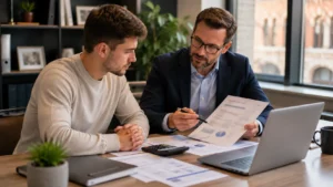 British saver discussing Lifetime ISA contributions and government bonus amounts with a financial adviser.