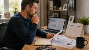 British saver planning Lifetime ISA contributions before the tax-year deadline using a calendar and laptop.