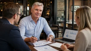 David Coulthard discussing pub finances with business professionals to illustrate lessons for UK entrepreneurs.