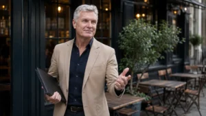 David Coulthard outside a London pub representing the proposed no-upfront-cost deal with future profit sharing
