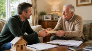 Elderly parent giving an envelope to an adult child during inheritance planning.