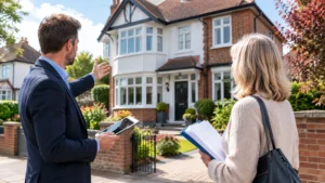 Estate agent and homeowner reviewing the value of a British family property