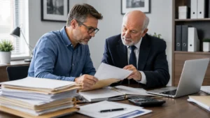 Executor and tax adviser reviewing inheritance documents and estate records in an office
