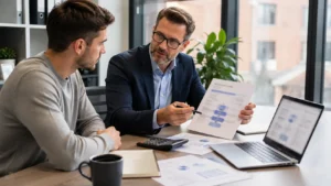 Financial adviser explaining the Lifetime ISA government bonus payment process to a UK saver in a professional office.