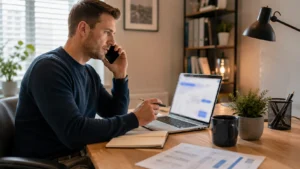 UK Lifetime ISA holder checking a delayed government bonus and contacting their provider from a home office.